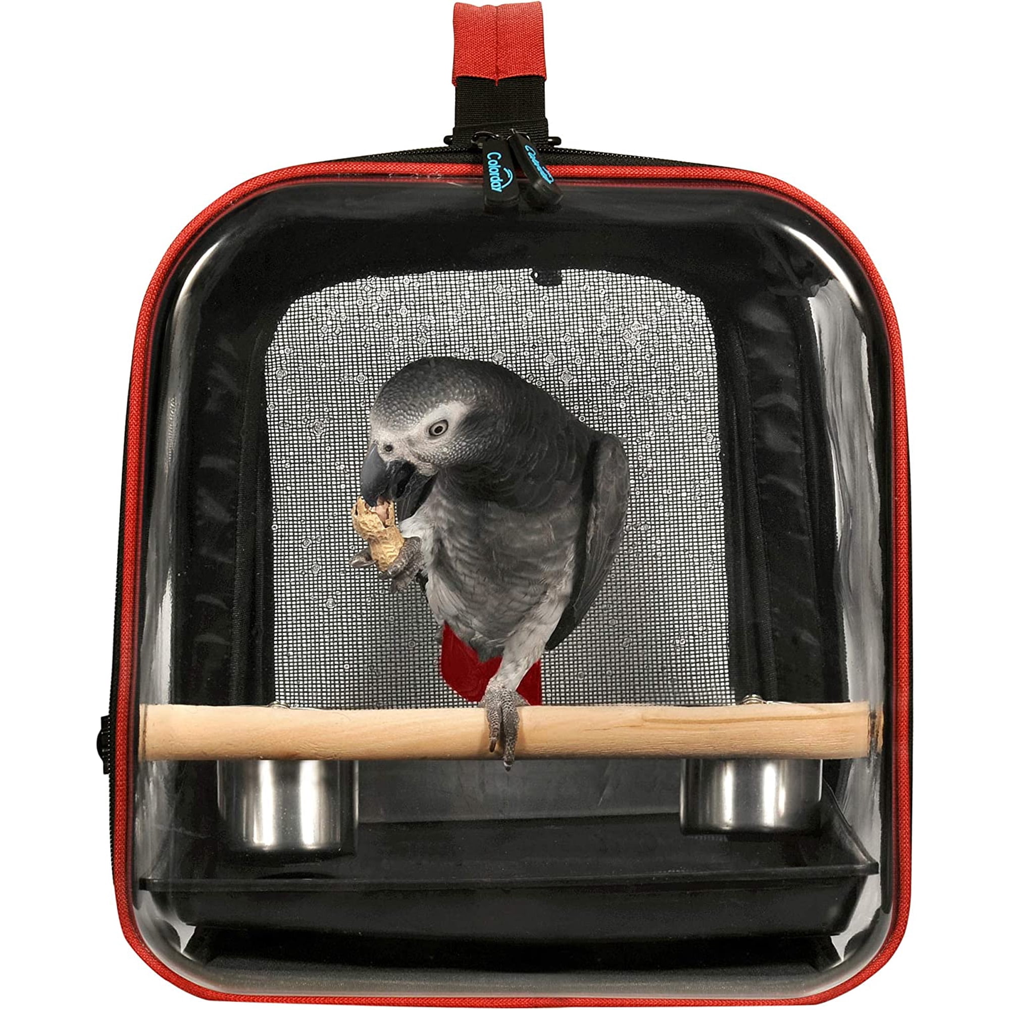 Lightweight Bird Carrier for Travelers, Bird Travel Cage with Parrot Feeder Cups & Standing Perch and Tracy (Large 19 x 12 x 13 inch, Black)