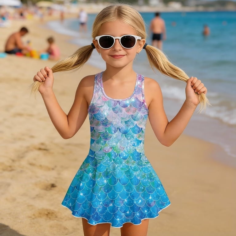 mermaid swim dress Binienty Mermaid Bathing Suit For Girls One-Piece Swim Dress Size 8-10 Breathable Comfort Swimsuit Sleeveless Criss Cross Swimwear Beach Vacation,
