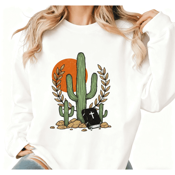 White Print Sweatshirt Graphic Sweatshirt Desert Cactus Bible Casual Wear S-3XL Tops