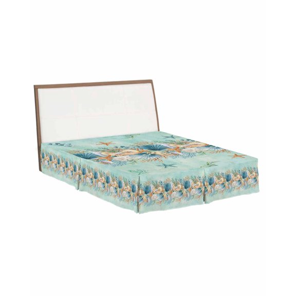 Bed Skirts King Size 16 Inch Tailored Drop Starfish Conch Shell Wrap Around Bed Skirt with Split Corners Bedskirt Ocean Coral Seagrass Teal Green Dust Ruffle Pleated for King Bed Skirt Bedroom Decor