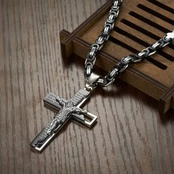 EOEMY Bible Jesus Cross Pendant Stainless Steel Necklace Byzantine Chain For Men Women-Silver Black-24Inch Or 61Cm