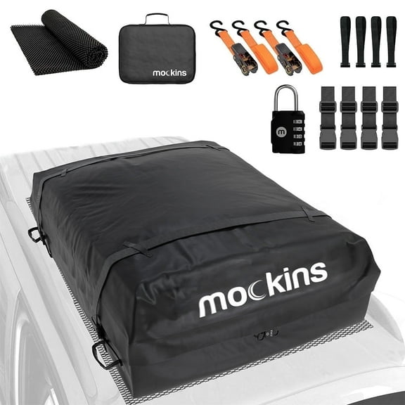 Mockins 16 Cu Ft. Black Waterproof Roof Top Cargo Bag  (45"x34"x18") with Roof Pad, Straps, Hooks, Lock & Carry Bag