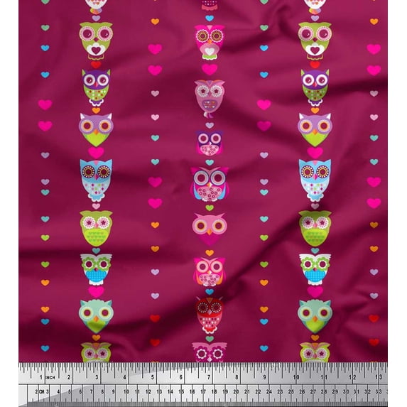 Soimoi Satin Silk Fabric Heart & Owl Kids Printed Craft Fabric by The Yard 42 Inch Wide