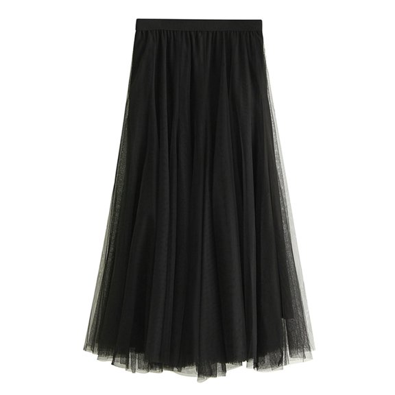Lu's Chic Women's Tulle Skirt Midi Tutu High Waisted A-line Elastic Waist Tea-length Mesh Pleated Formal Prom Party Layered Skirts Black X-Small-Large