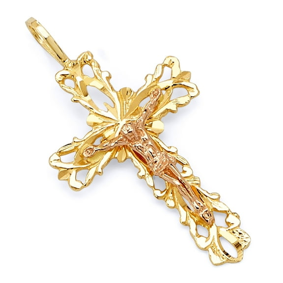 Wellingsale 14K Two 2 Tone Rose and Yellow Gold Polished Ornate Religious Catholic Crucifix Pendant