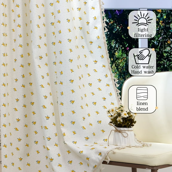 Lfeey Yellow Floral Semi Sheer Linen Blend Curtains for Rooms, Rod Pocket 2 Panels, 42"x63"