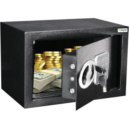 Vaiyer Electronic Safe Box for Money with Digital Keypad & Keys Money Safe Lock Box Safety Boxes for Home Office Hotel Rooms Jewelry Gun Cash Steel Alloy Drop Safe 6.7 x 9 x 6.7 in
