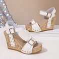 thumbnail image 5 of Womens Wedge Sandals Trendy Studded Buckle Strap Slingback Platform Heels Wedding Party Dressy Shoes Beige Size 8, 5 of 7