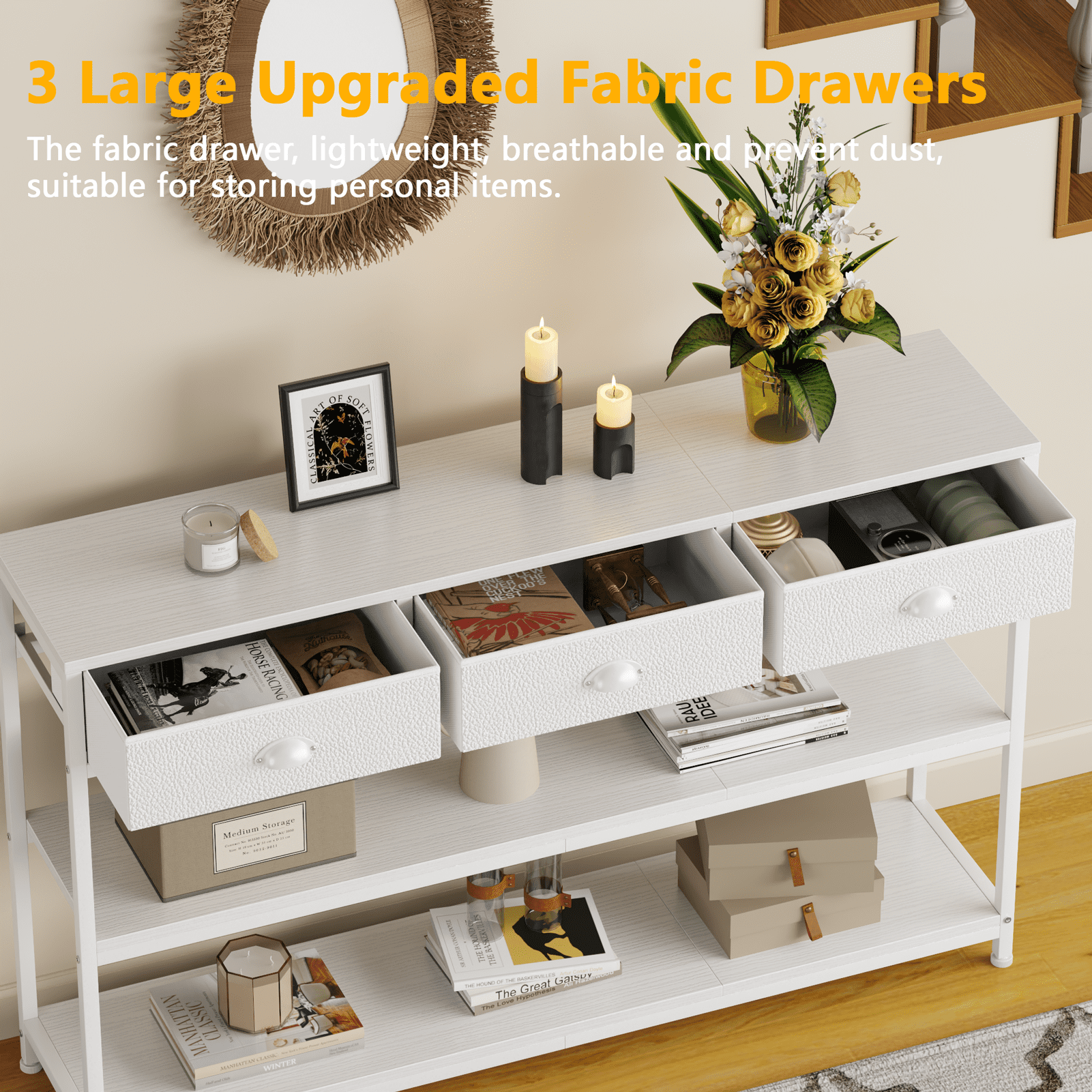Satifur 47" Entryway Table with 3 Fabric Drawers, Console Table Metal Frame Sofa Table with 2 Shelves for Living Room and Hallway, White