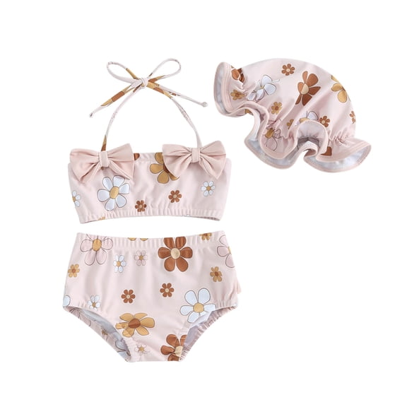 XAOFW Girl's Swimsuit Sets Floral Print Sleeveless Halter Neck Top And Bottom With Matching Hat Tankini 3 Piece Swimwear Summer Beach Pool Soft Breathable Bathing Suit