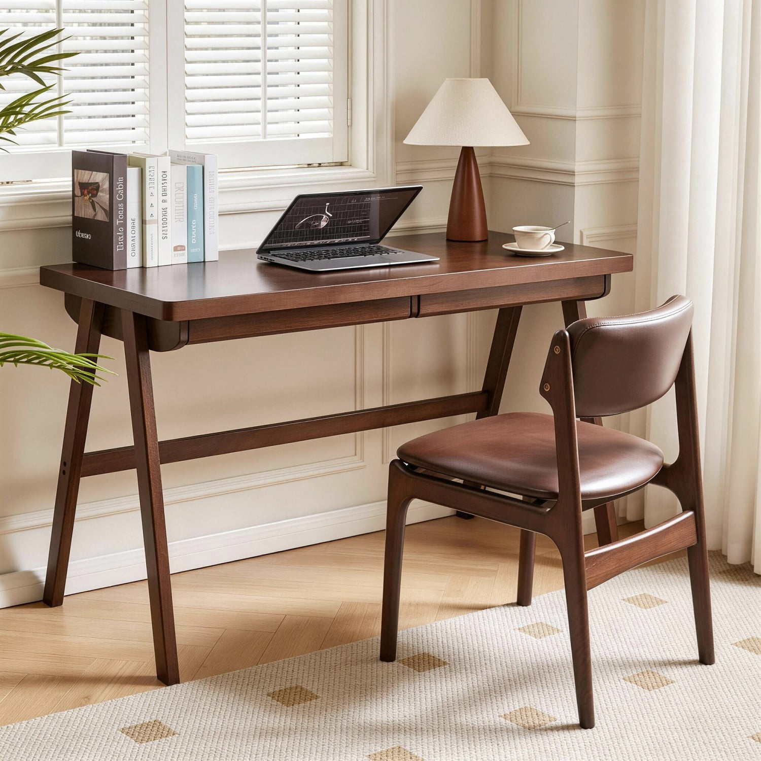 100% Solid Rubber Wood Writing Desk with Drawer, Retro Walnut Computer Desk, 39.37"×21.62", 1.38" A-Frame Standard Thick Home Office Desk, Study Table for Bedroom, Apartment & Workspace