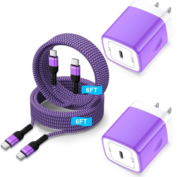 USB C Charger Block, 2 Pack 20W PD Charger Block with USB C to C Cable 6ft, Type C Charging Block Wall Charger Plug USB C Brick Cube Fast Charging Station Compatible for Samsung, Android, Purple