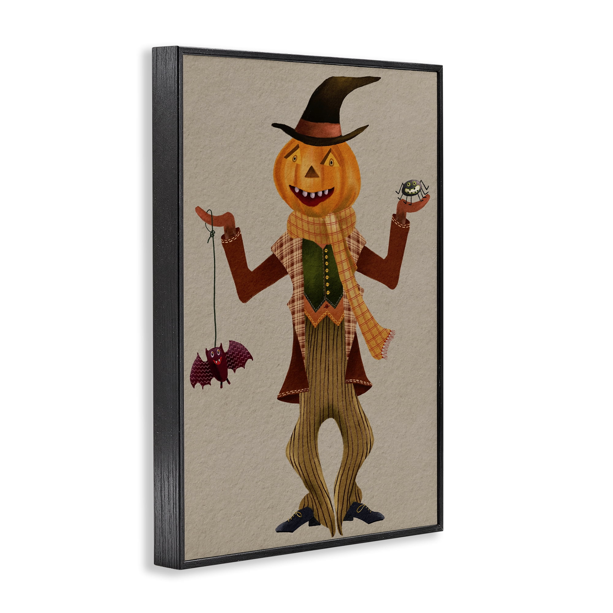 Stupell Industries Halloween Scarecrow & Bat Holiday Painting Black Framed Art Print Wall Art, 20 x 30