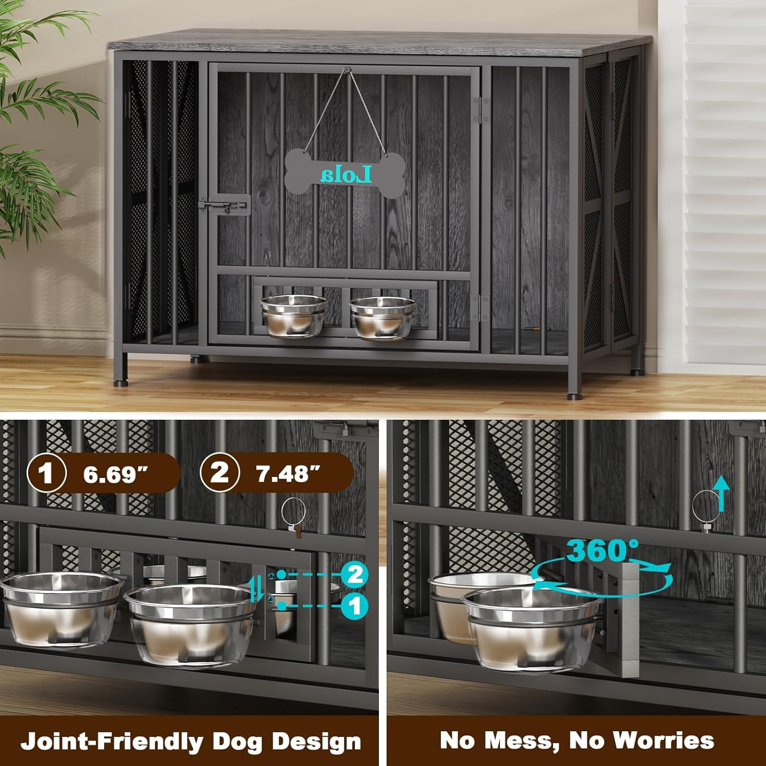 POAO Foldable Large Dog Crate Furniture, 41.3" Assembly-Free Dog Crates for Large Dogs, Decorative Wooden Dog Kennel Indoor with Tag & Dog Bowls