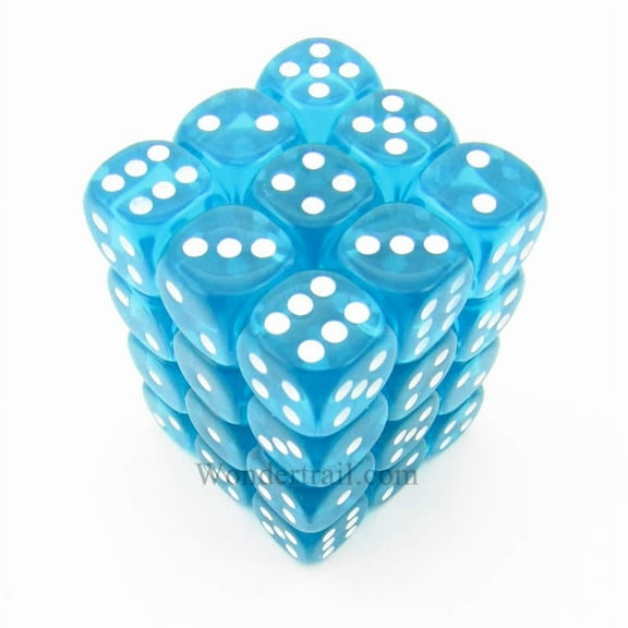 Teal Translucent D6 Dice with White Pips 12mm (1/2in) Pack of 36