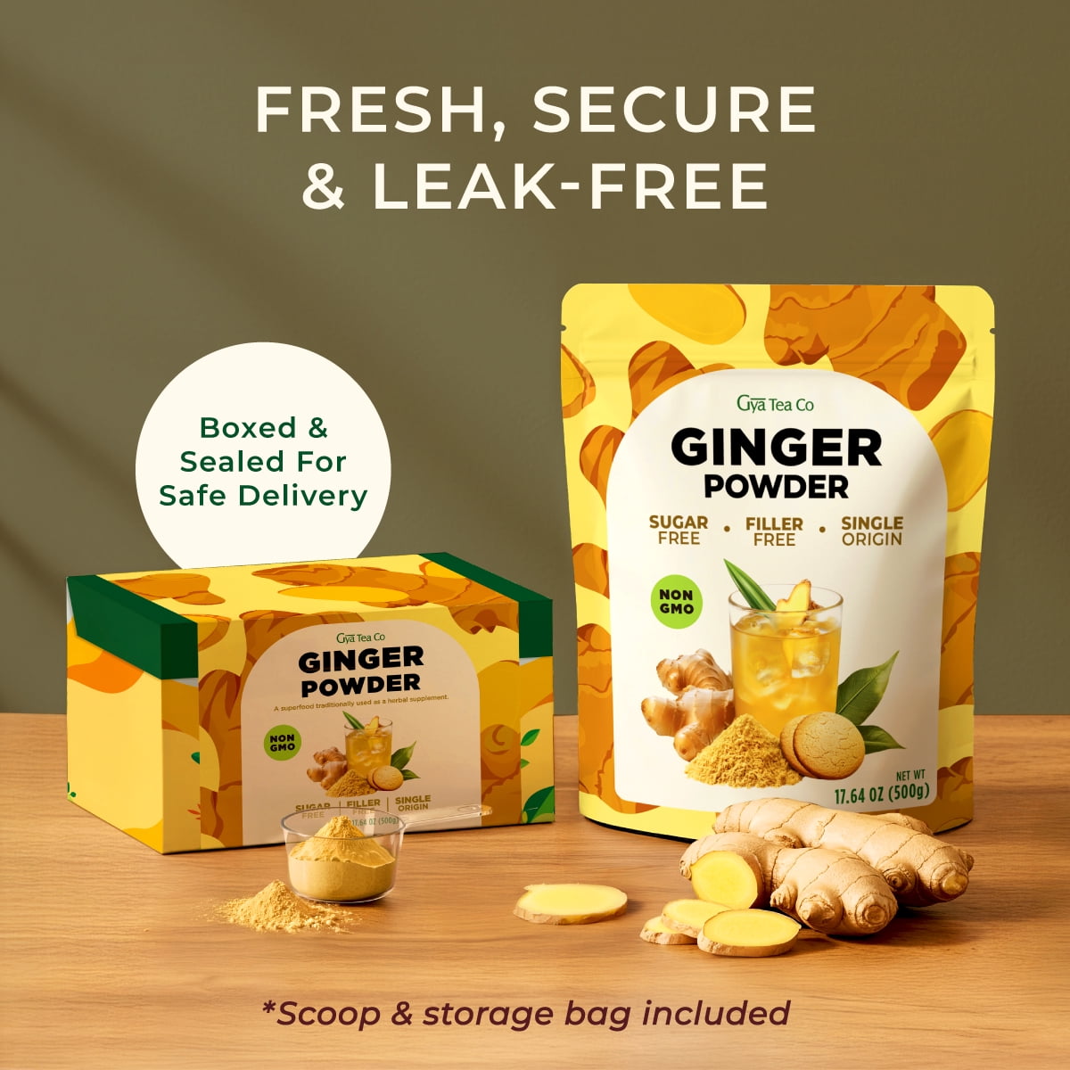 Gya Tea Co Ginger Powder 1.1lb (17.64 Oz) - 100% Real & Robust Ground Ginger, Smooth-Blending For Shots, Teas, Cooking - Antioxidant Rich For Overall Wellness, Digestion Support - Non-GMO