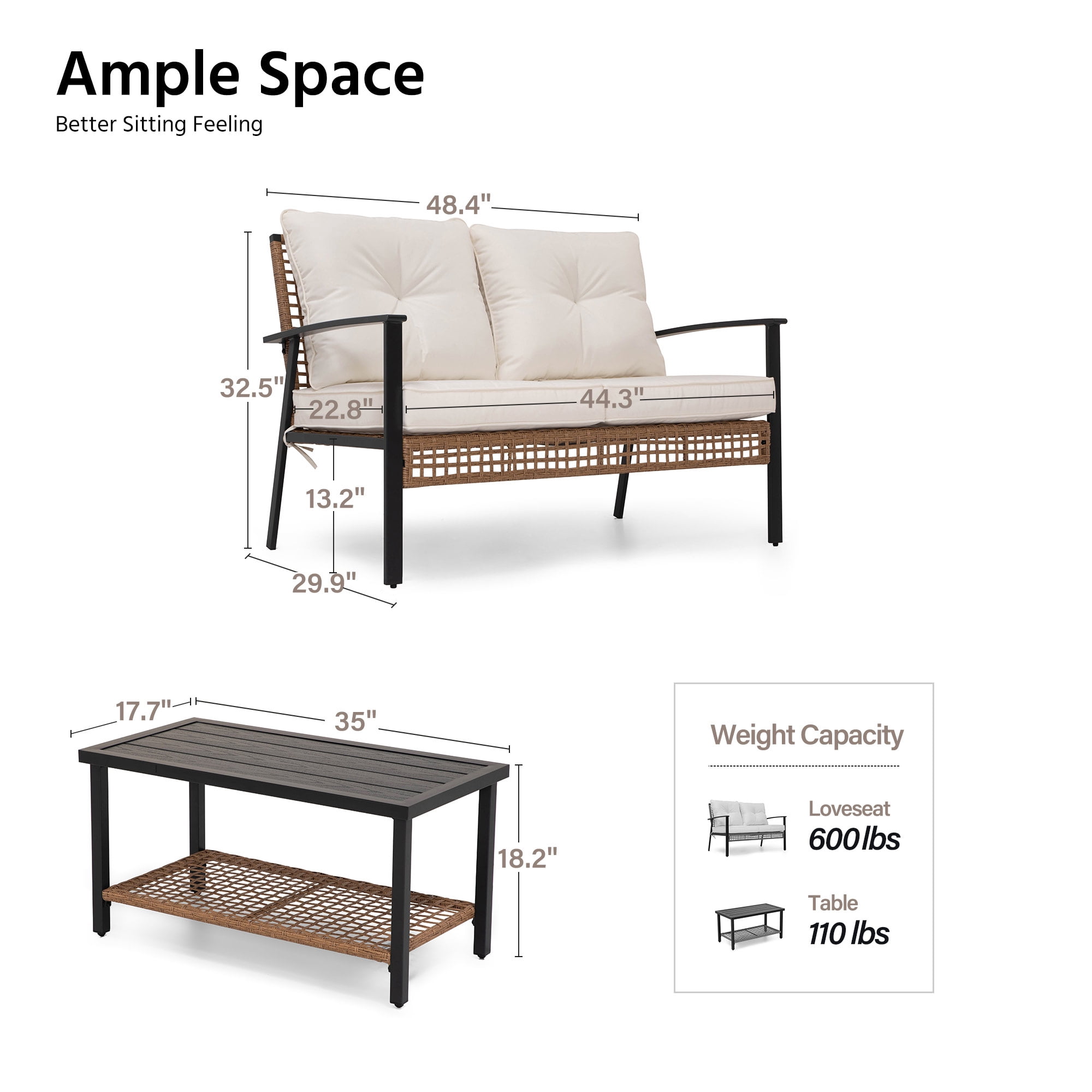 LAUSAINT HOME 2 Pieces Patio Conversation Set, 1 Loveseat and 1 Coffee Table with Beige Cushions
