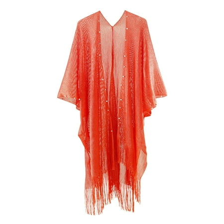 Rigardu Hot Sale!! Cardigans for Women Boho Lightweight Mesh Fringe Beaded Swimwear Cover Up Open Front Casual Beach Cardigan Summer Beach Cardigan Bikini Smock In Long Clothing Red One Size