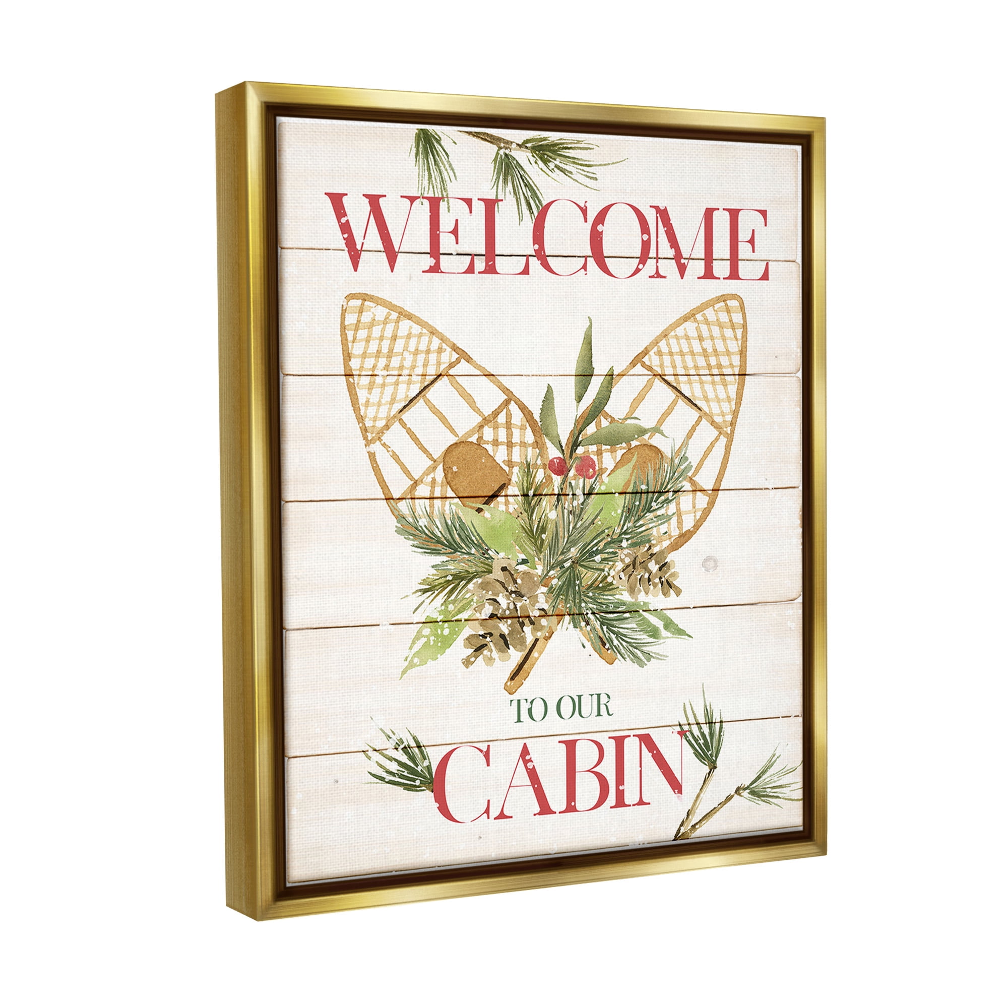 Stupell Industries Rustic Cabin Welcome Botanical & Floral Painting Gold Floater Framed Canvas Art Print Wall Art, 17 x 21