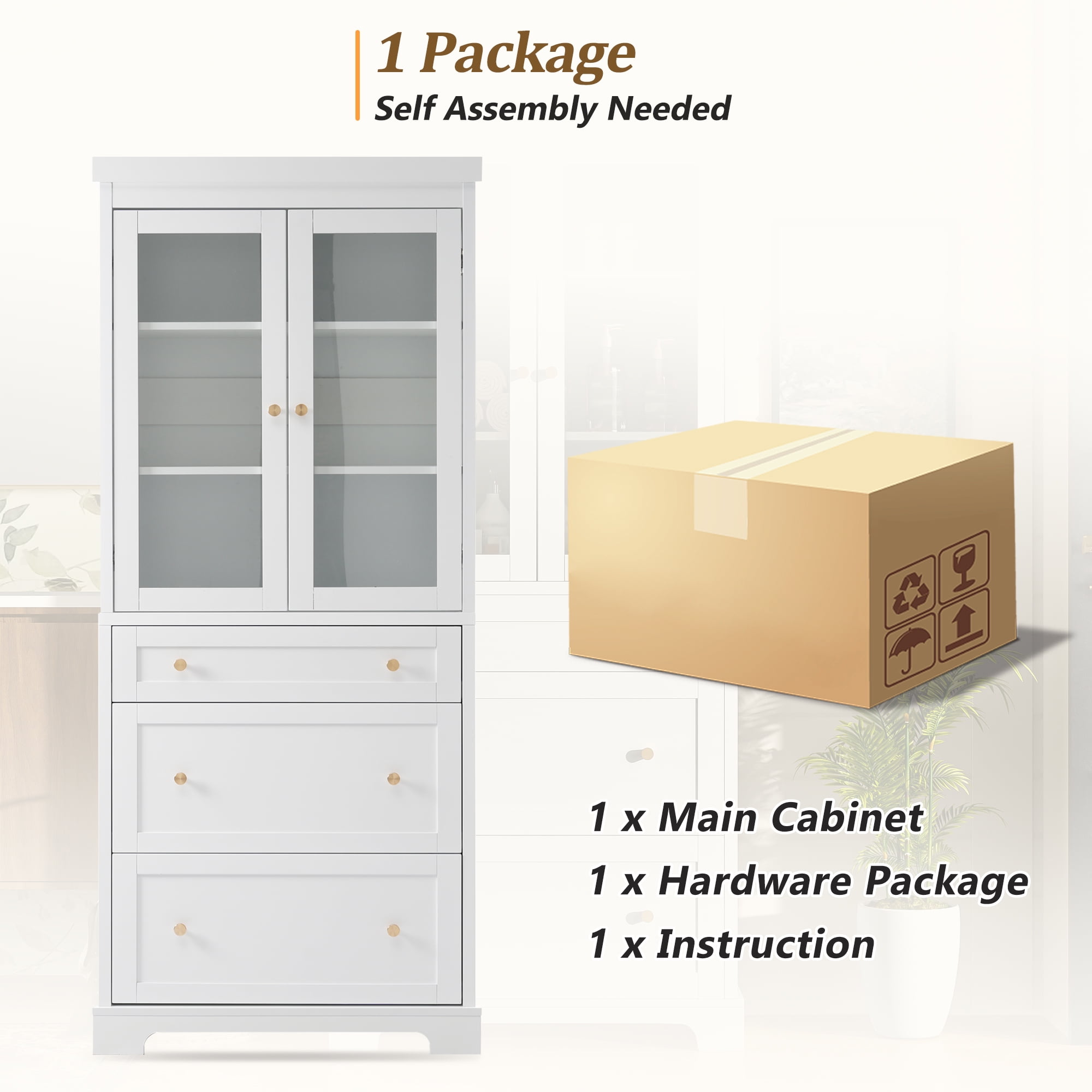 Euroco 70.1" Modern High Freestanding Tall Bathroom Cabinet with 2 Adjustable Shelves, 3 Drawers, Soft Close Glass Doors – Ideal for Bathroom, Living Room, Kitchen Storage