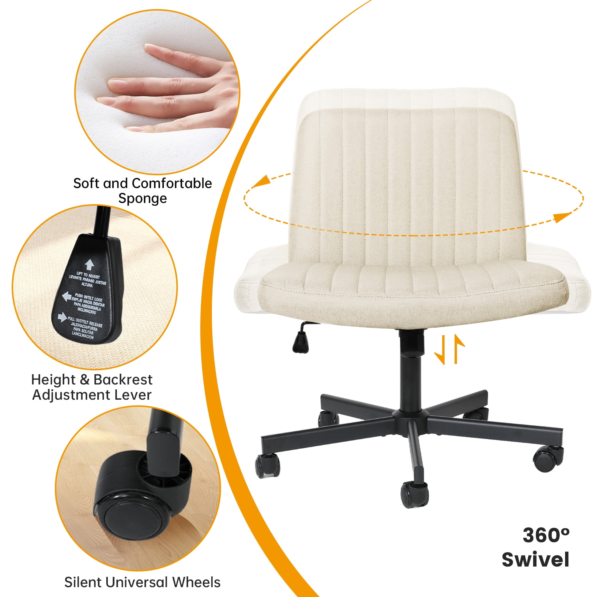 Melocadol Modern Criss Cross Office Chair, Extra Wide Armless Rolling Desk Chair with 360° Wheels, Adjustable Swivel Padded Fabric for Home, Office, Beige