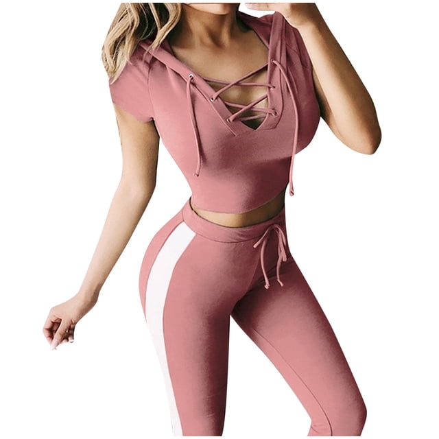 Mujeres moda sexy color sólido vendaje cuello en V con capucha deportes conjunto casual Wmkox8yi bvn2295