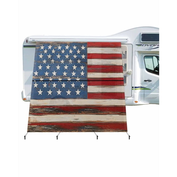 4th of July RV Awning Sun Shade Screen 9'X7' American Flag Mesh Sunscreen Vintage Wood Grain Awning Shade Screen with Zipper UV Blocker Completed Kits Outdoor Canopy for RV Motorhome Camper Travel