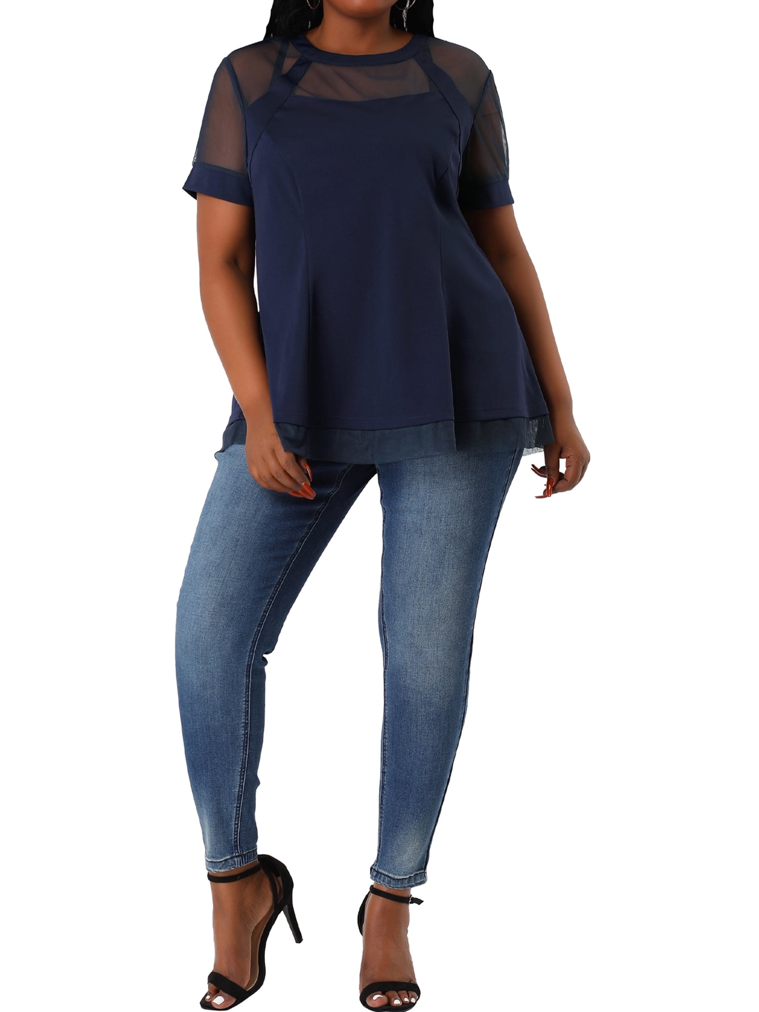 Unique Bargains Women's Plus Size Lace Short Sleeve Swing Mesh Peplum Top
