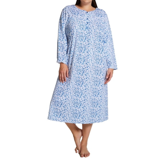 Women's La Cera 1530 Cotton Knit Long Sleeve Nightgown (Blue/White Floral L)