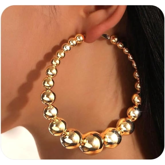 Gold Extra Large Hoop Earrings for Women,Round Metal Ball Beaded Dangle Earrings,Geometric Big Hoops Hanging Earrings Boho Vocation Everyday Jewelry