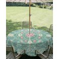 thumbnail image 2 of Outdoor Tablecloth with Umbrella Hole Zipper Bohemia Round Tablecloth 54" Waterproof Outside Table Cloth Vintage Ethnic Floral Botanical Style Green Patio Table Cover Tablecloths for Picnic Party, 2 of 8