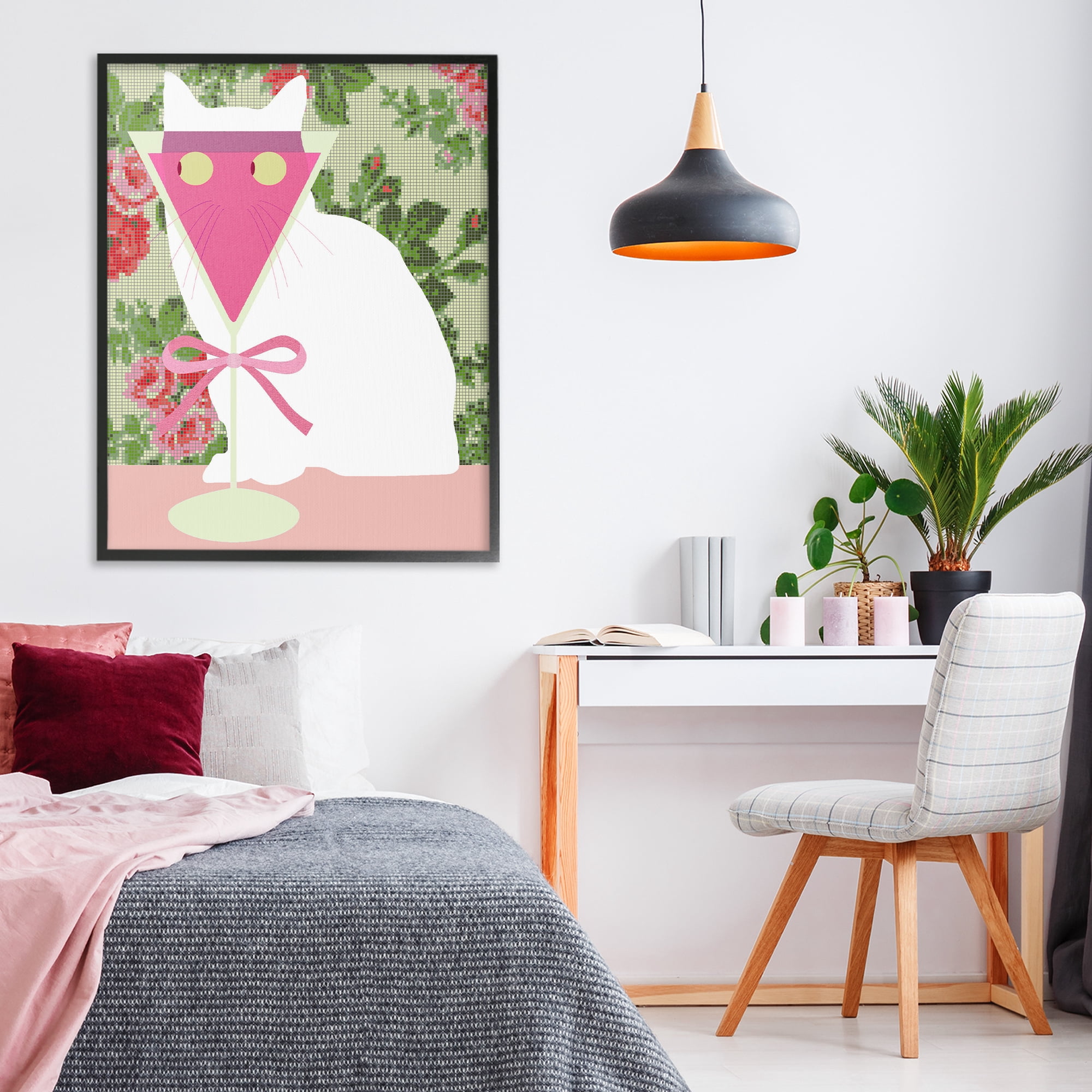 Stupell Industries White Cat with Pink Martini Black Framed Giclee Art, design by Lil' Rue