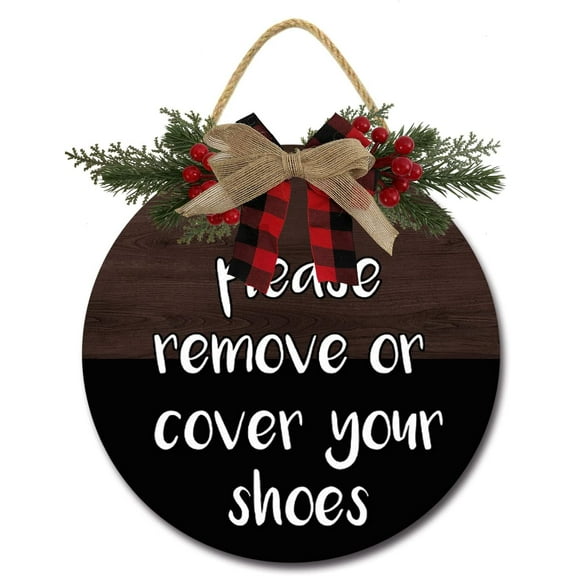 Eveokoki 12" Please Remove Or Cover Your Shoes Door Sign,Wood Hanging Plaque with Rope, Polite Message - Dark Wood - Rustic Entryway, Porch, Door Hanger,Please No Shoes Sign