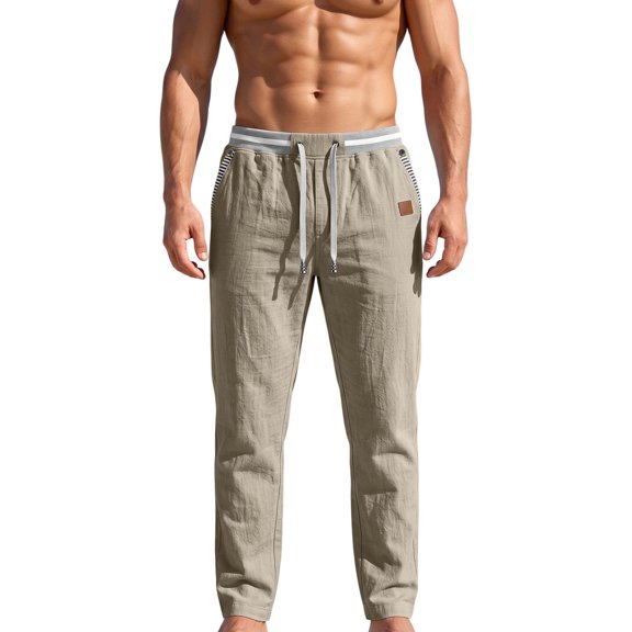 Jerdar Men's Linen Pants Elastic Waist Drawstring Pockets Solid Color Outdoor Casual Lightweight Breathable Summer Beach Hiking Loose Fit Trousers