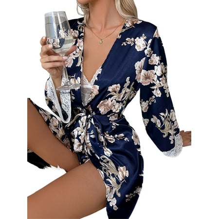 

SpringTTC Women Valentine s Day Gift Nightwear Lace Floral Print Kimono Robes Pajamas
