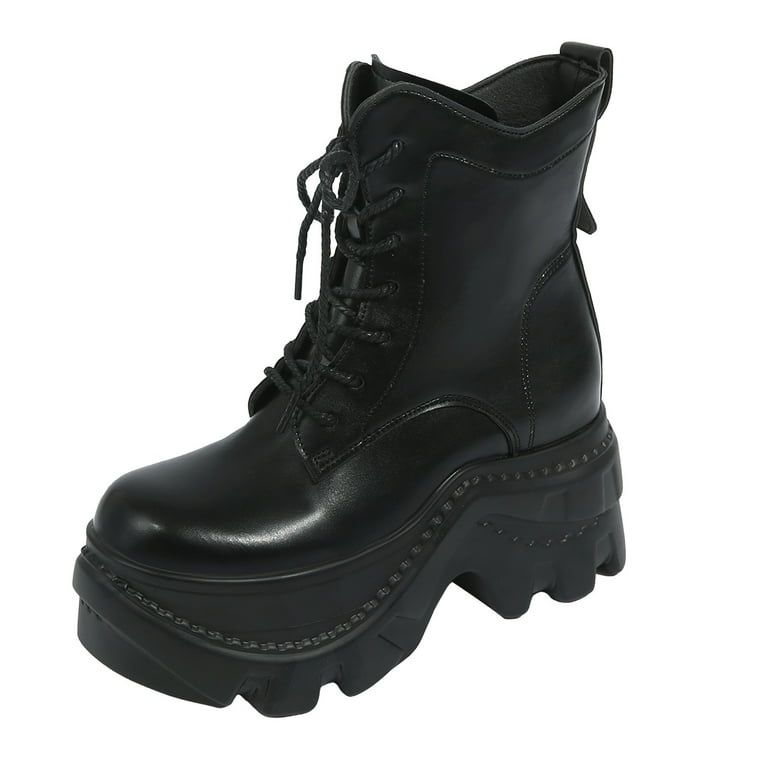 Womens Punk Black Wide Mid Calf Platform Boots Gothic Leather
