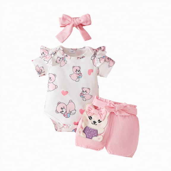 kpoplk Newborn Baby Girls Clothes 3 Months Infant Girls Summer 3PCS Outfits Letter Print Short Sleeve Romper Top Heart Print Shorts Headband Set Size 0-3 Months,Pink