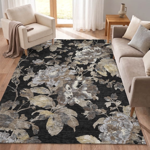 Addison Rugs Chantille Indoor/Outdoor Transitional Floral Black Machine Washable Rectangle Rug, 10' x 14'