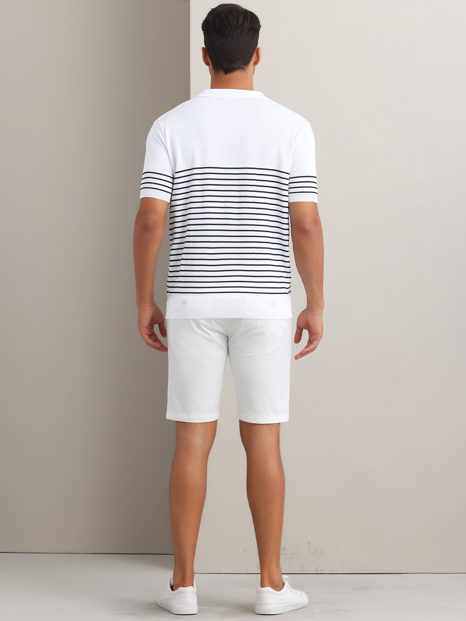 DARING DIVA Men's Knit Polo Short Sleeve Striped Golf Casual Collared T Shirt L White