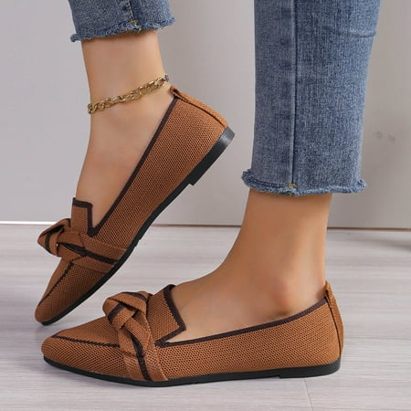 Bowknot Decor Breathable Knitted Loafers Women 2024 Autumn Soft Bottom Pointed Toe Ballet Flats Woman Slip On Solid Casual Shoes (zongse 39)