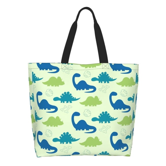 Pofeuu Cute Dinosaur Blue Green Print Reusable Grocery Bags - Washable, Foldable, Packable Tote, Large Handles, Heavy Duty, Zippered Top Pouch