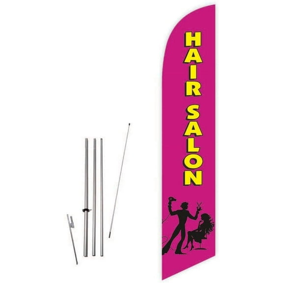 Cobb Promo Hair Salon Pink Feather Flag with Complete 15ft Pole kit and Ground Spike