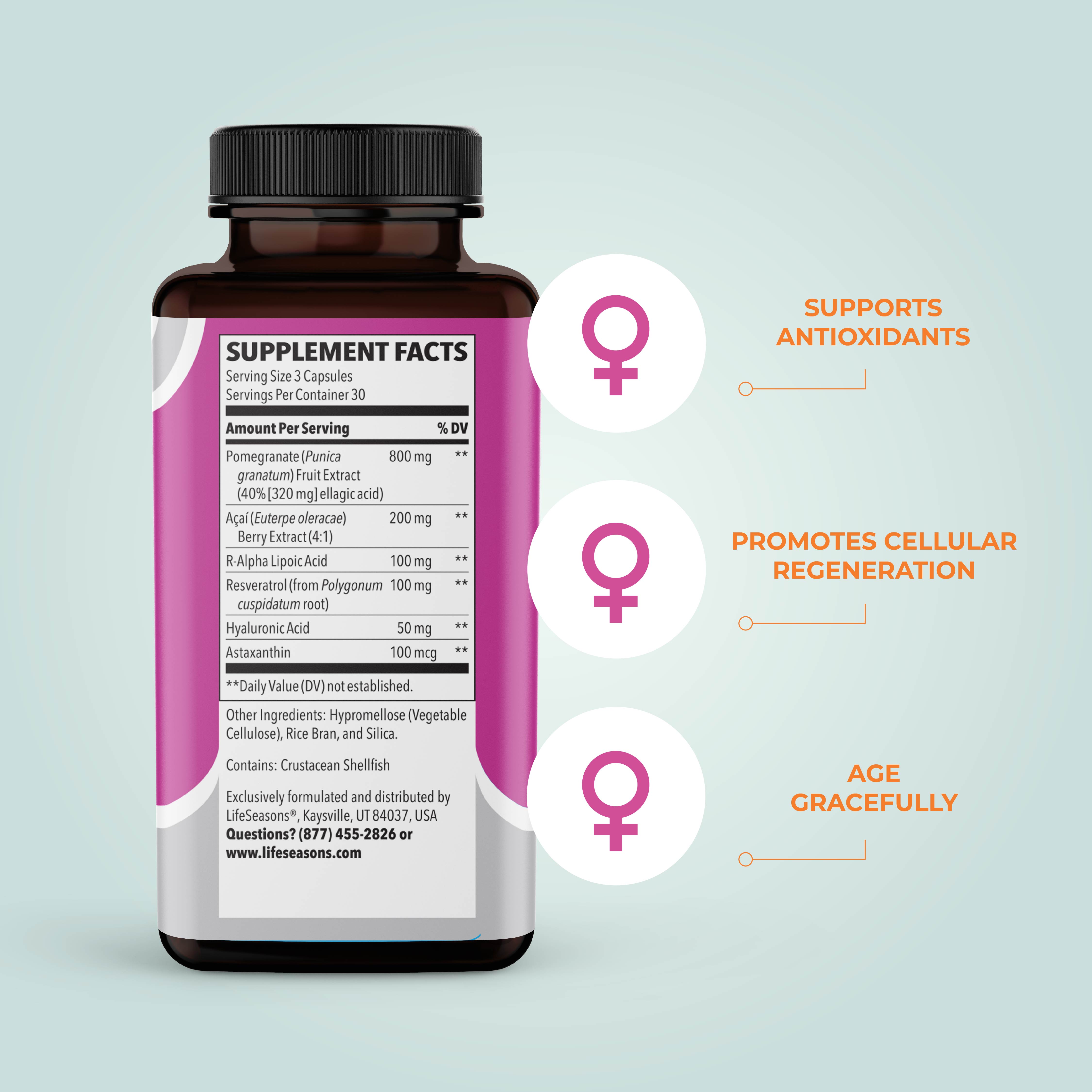 LifeSeasons - Ageless Skincare - Anti Aging Supplement - Antioxidant Complex - Acai Berry, Astaxanthin, Resveratrol, R-Alpha Lipoic Acid and Pomegranate Extract - 90 Capsules