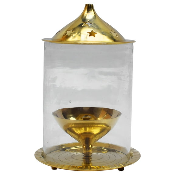 OM SHRI OM Pure Brass Indian Oil Lamp Akhand Diya Glass Stand Deep Diwali