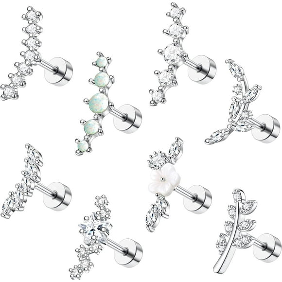 8Pcs 16G Cartilage Earring Set Stainless Steel Flower Opal CZ Stud Earrings Flat Back Cartilage Conch Helix Piercing Jewelry for Women