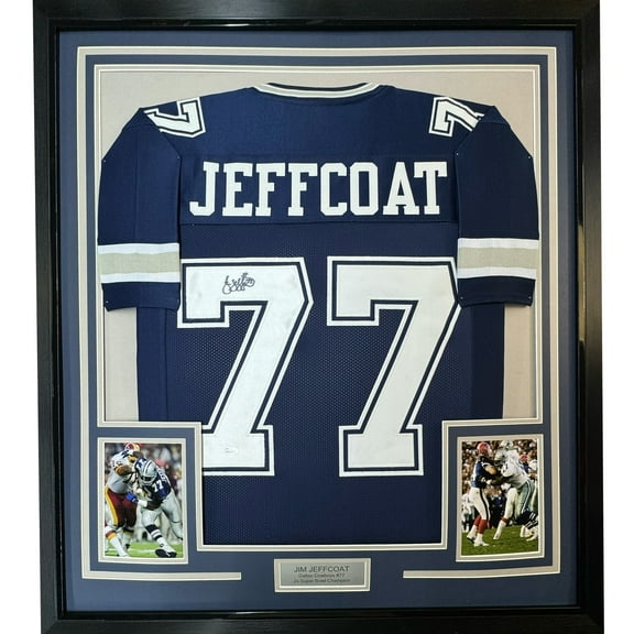 Framed Autographed/Signed Jim Jeffcoat 35x39 Dallas Cowboys Blue Football Jersey JSA COA