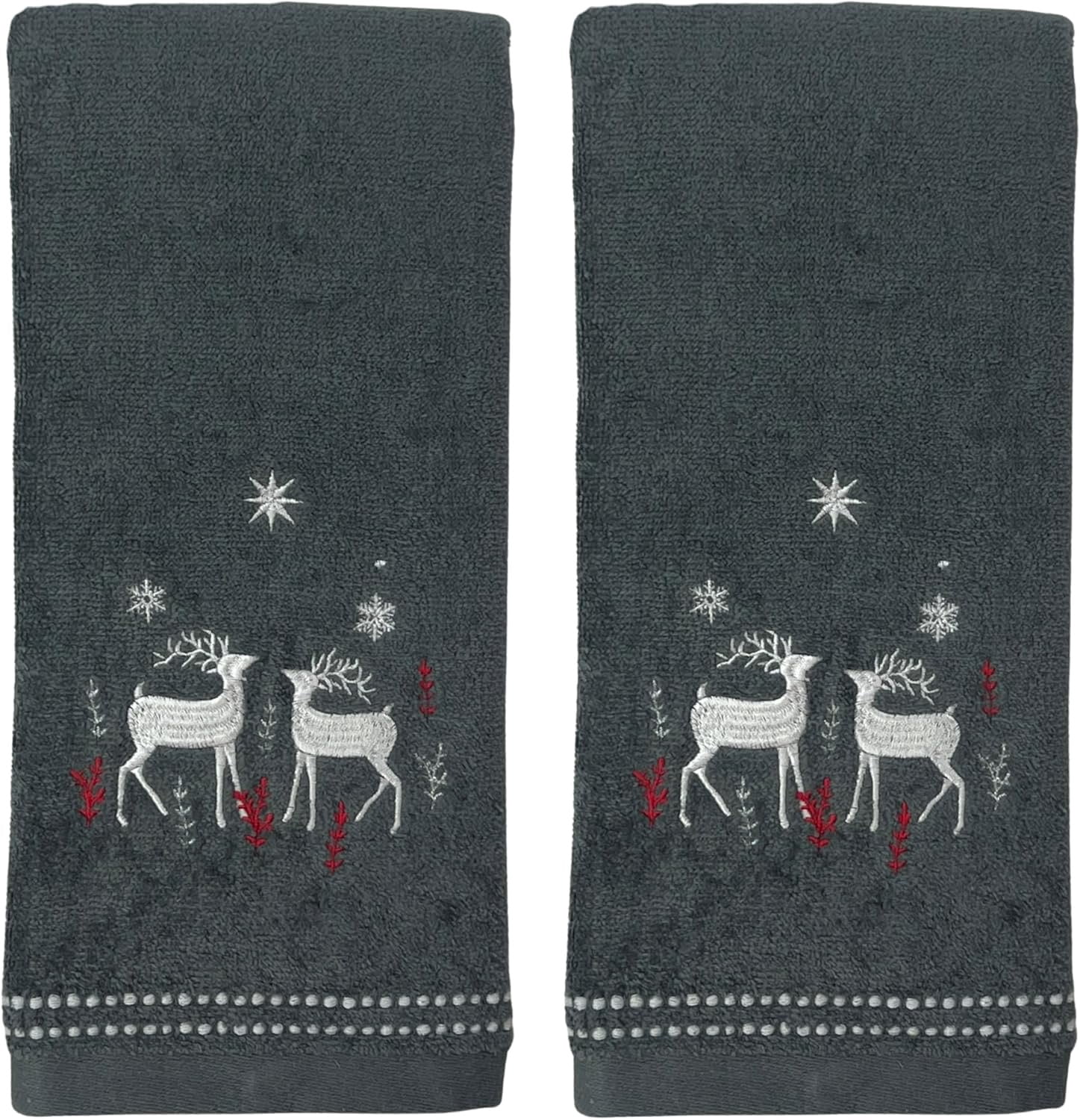 Serafina Home Christmas Bathroom 4 pc Set, 2 fingertip (12" x 18"), 2 Hand Towels (16" x 25) Noble Buck Deer Embroidered on Dark Grey Cotton Towels