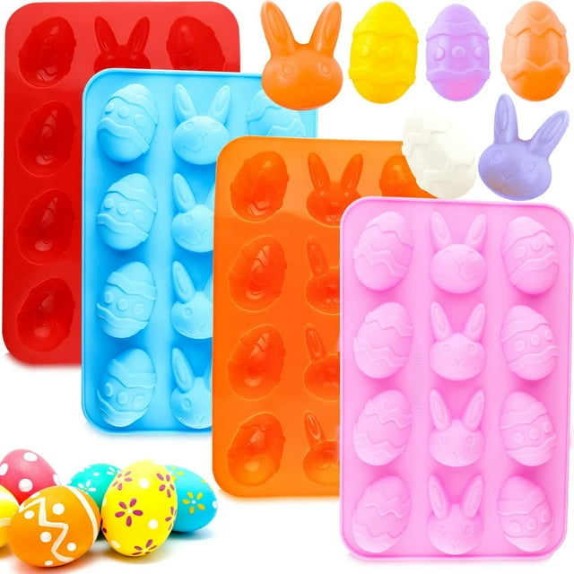 Moldes de silicona con forma de huevo de Pascua con forma de conejito de para chocolate, 4 paquetes, molde en forma de huevo, bandeja para hornear, molde de chocolate para pastel de resina