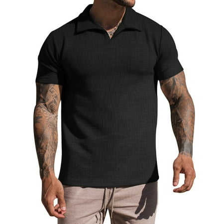 Fashnice Mens T Shirts Waffle Polo Shirt Lapel Neck Summer Tops Casual Running Pullover Black XL