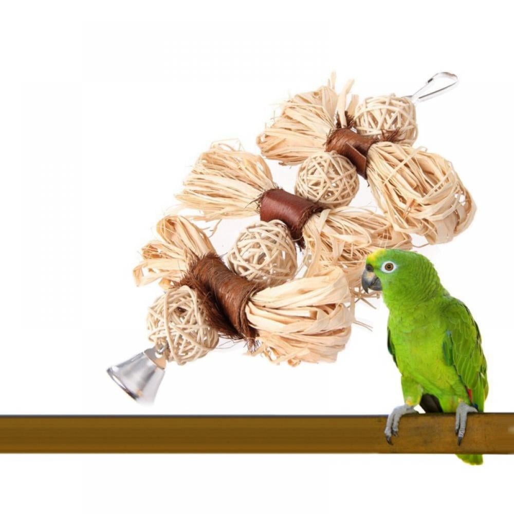 Parrot Bird Toys Natural Wood Cuttlebone Grass Chew Bite Hanging Cage Bell 